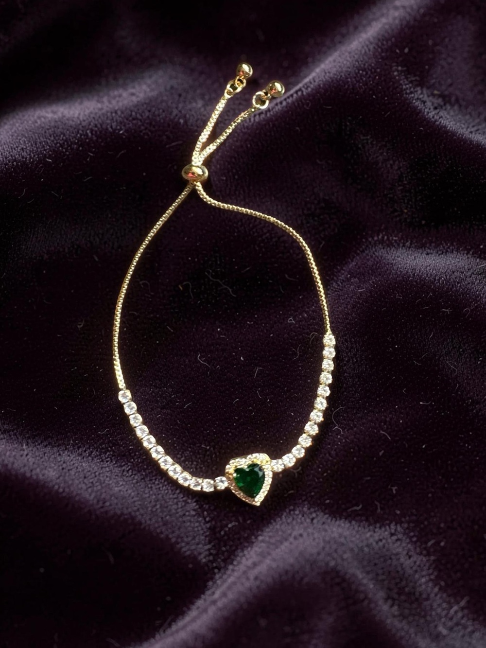 Gold Slider Bracelet with Green Heart Crystal and Clear Accents - Picture 4 of 4